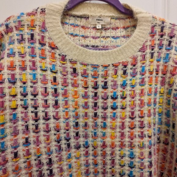 Chunky Knit Pullover Sweater Rainbow Checkered Fuzzy SZ Small - Picture 3 of 9